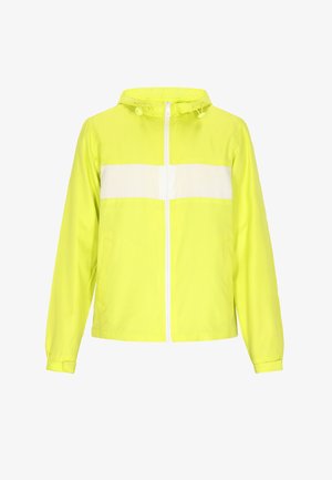 Fluorescent yellow windbreaker jacket with a white horizontal stripe, front zipper closure, hood, and elastic cuffs. Lightweight material.