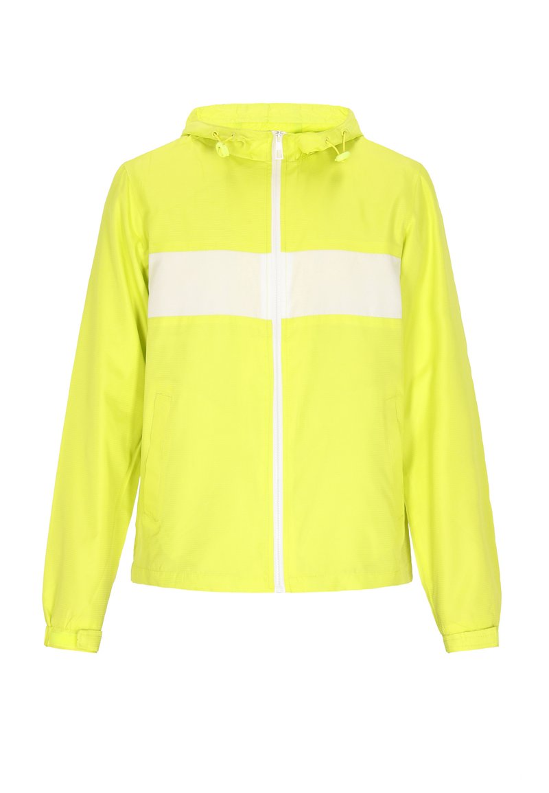 Kirkas keltainen tuulipuku, jossa on valkoinen vaakasuora raita, etuvetoketju, huppu ja joustavat hihansuut. Kevyt materiaali.