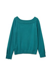 Petrolejově modrý pletený svetr s designem bez ramene, žebrovaným výstřihem, dlouhými rukávy a knoflíkovými detaily na manžetách. Měkká textura, uvolněný střih.