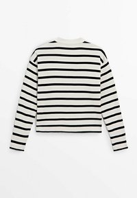 Ribbed, cropped sweater with long sleeves, featuring horizontal black and white stripes; round neck; textured fabric.