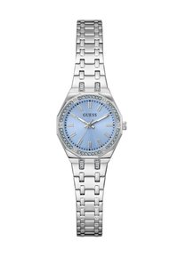 Montre-bracelet Guess en métal argenté avec un cadran bleu, des chiffres romains argentés et des accents en cristal autour de la lunette et sur les maillons du bracelet.