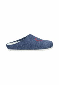 Blue felt slipper with a soft, white fleece lining, open back, and a red embroidered accent. Features a textured white sole for grip.