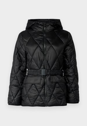 Μαύρο πούφτερ μπουφάν με κούμπωμα, φερμουάρ, ελαστική ζώνη και δύο μπροστινές τσέπες. Λείο, γυαλιστερό ύφασμα με διαμαντένιο σχέδιο.