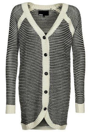 Zwart-wit gestreepte gebreide cardigan met crèmekleurige afwerking, lange mouwen, V-hals en vijf zwarte knopen aan de voorkant.