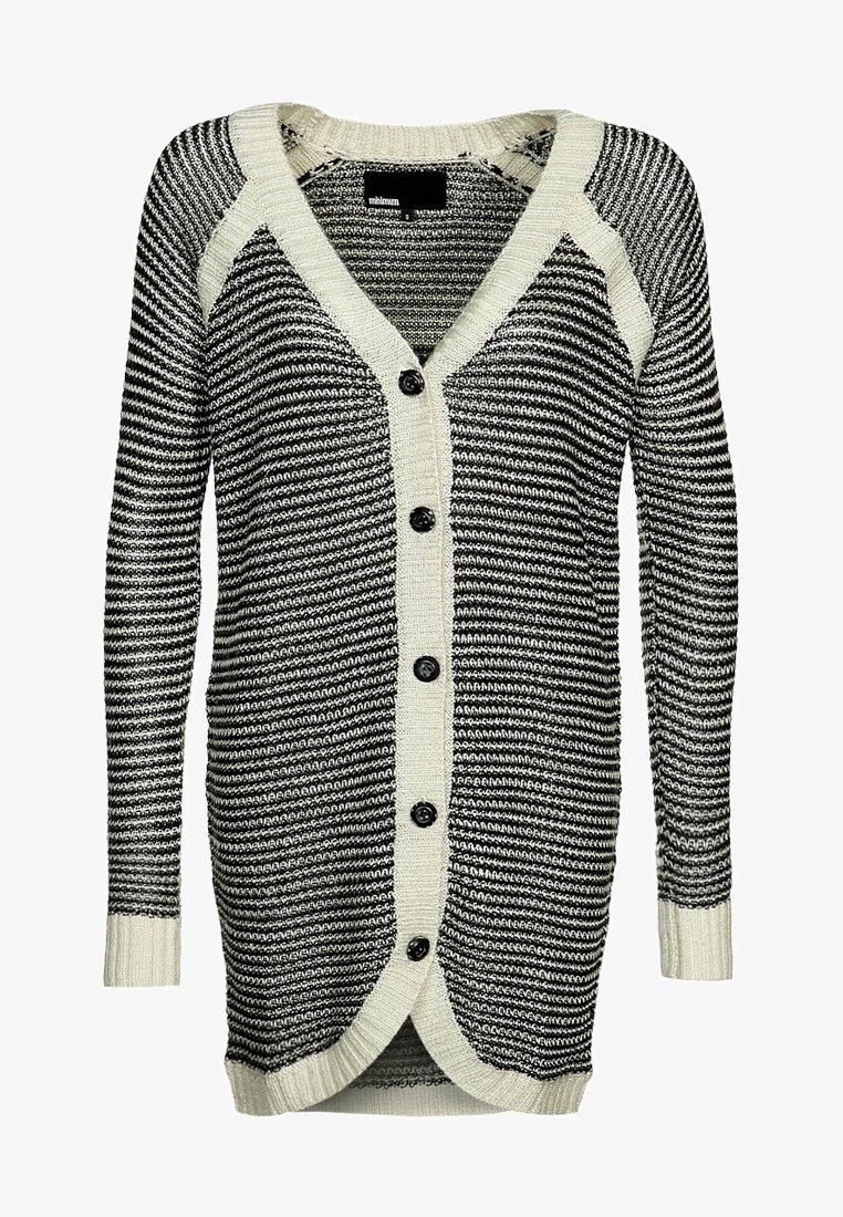 Cardigan en maille rayé noir et blanc avec bordure crème, manches longues, col en V et cinq boutons noirs sur le devant.