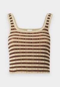 Ribbed, lühike tank top koorevärvi, millel on pruunid ja oranžid vertikaalsed triibud. Omab ruudukujulist kaelust ja laiu rihmasid toe tagamiseks.
