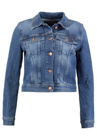 Zkrácená džínová bunda v středně modré barvě s jemným worn efektem, náprsními kapsami, zapínáním na knoflíky a kontrastními měděnými knoflíky. Dlouhé rukávy.