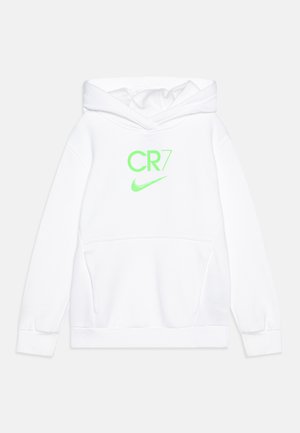 Hoodie blanc en mélange de coton, avec une poche avant, des poignets côtelés, un logo CR7 vert fluo et un swoosh Nike sur la poitrine.