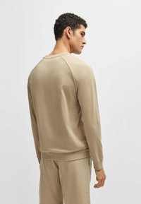 Beige long-sleeve sweatshirt with a crew neckline and ribbed cuffs, featuring a smooth texture and seamless shoulder design.