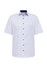 Kurzärmeliges, hellblaues Hemd mit strukturiertem Muster, dunkelblauem Kragen und Knöpfen. Verfügt über eine Brusttasche auf der linken Seite.