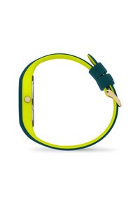 Silikonarmbandsur med rektangulärt urtavla, grön och gul rem och guldfärgad lås. Modern design, mjuk yta.