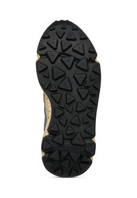 Černá gumová podrážka obuvi s trojúhelníkovým vzorem, se světle béžovým okrajem a jemným tečkováním. Odolný materiál navržený pro záběr.