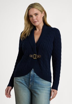 BUCKLE-TRIM CABLE SHAWL-COLLAR CARDIGAN - Cardigan - lauren navy