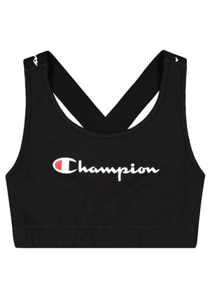 Reggiseno sportivo nero realizzato in morbido tessuto con il logo "Champion" bianco sul davanti. Presenta un design con schiena a corsetto e spalline incrociate.