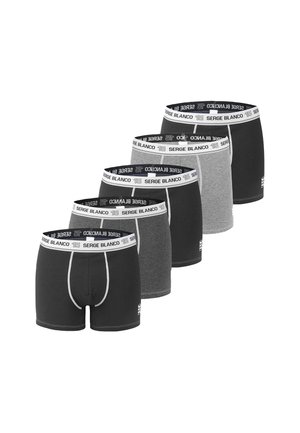 Ensemble de cinq boxers dans des teintes noires et grises. Confectionnés en tissu doux, ils disposent d'une ceinture élastique avec le logo "SERGE BLANCO" et des accents blancs.
