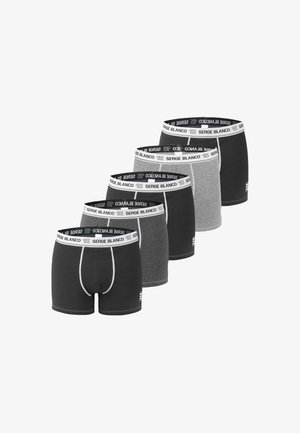 Ensemble de cinq boxers dans des teintes noires et grises. Confectionnés en tissu doux, ils disposent d'une ceinture élastique avec le logo "SERGE BLANCO" et des accents blancs.