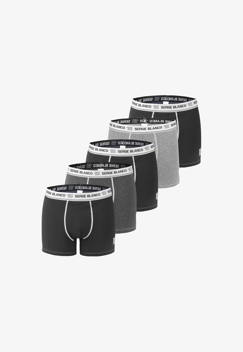 Ensemble de cinq boxers dans des teintes noires et grises. Confectionnés en tissu doux, ils disposent d'une ceinture élastique avec le logo "SERGE BLANCO" et des accents blancs.