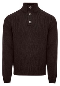 Maglione marrone lavorato a maglia con colletto alto, tre grandi bottoni e un motivo a spina di pesce testurizzato. Maniche lunghe e bordo a costine.