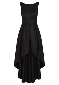 Schwarzes Kleid mit taillierter Oberseite, Rundhalsausschnitt und fließendem asymmetrischem Saum. Hergestellt aus einem glatten Stoff mit plissiertem Rockdesign.