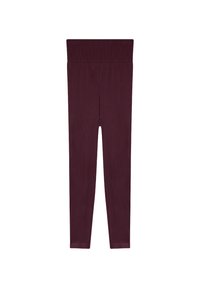 Leggings bordeaux con una ampia cintura elastica. Texture liscia con un design aderente, lunghezza completa fino alla caviglia. Nessun motivo o accentuazione.