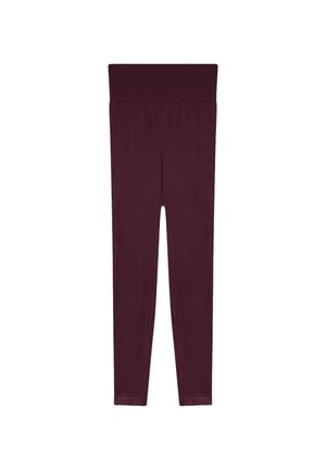 Leggings bordeaux con una ampia cintura elastica. Texture liscia con un design aderente, lunghezza completa fino alla caviglia. Nessun motivo o accentuazione.