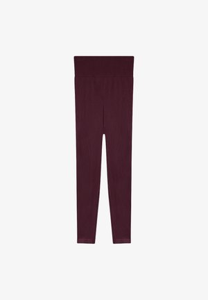 Leggings bordeaux con una ampia cintura elastica. Texture liscia con un design aderente, lunghezza completa fino alla caviglia. Nessun motivo o accentuazione.