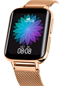 Smartwatch con un touchscreen quadrato nero, cinturino in maglia metallica color oro rosa, display con design floreale e indicazione dell'ora digitale.