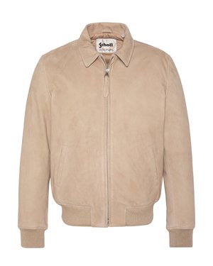 Beige suède bomberjack met rits aan de voorkant, geribde boorden en zoom, twee zijzakken en een puntige kraag.