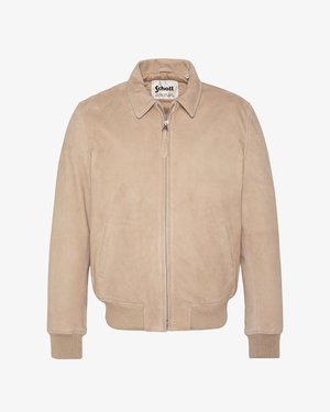 Veste bomber beige en suède avec fermeture éclair devant, poignets et ourlet côtelés, deux poches latérales et col pointu.