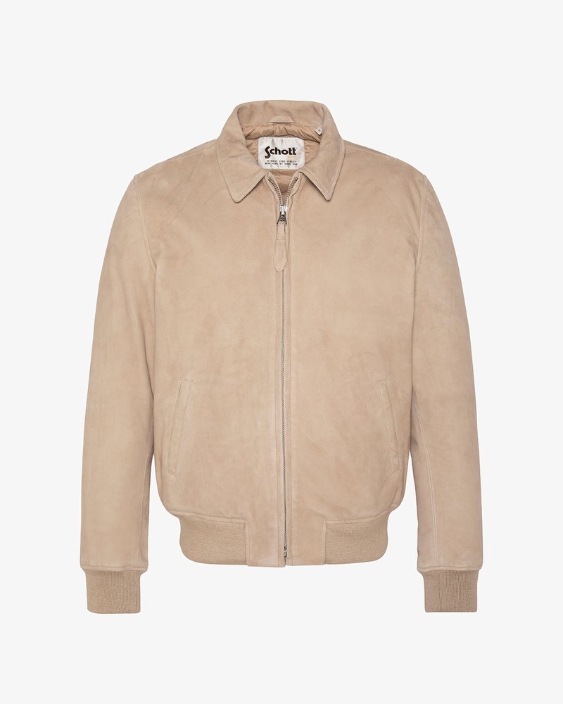 Veste bomber beige en suède avec fermeture éclair devant, poignets et ourlet côtelés, deux poches latérales et col pointu.