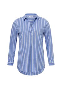 Camisa de manga larga a rayas azul, hecha de una tela ligera, con un cuello de pliegue, dobladillo curvado y rayas blancas en contraste.