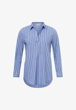 Blåstribet langærmet skjorte lavet af letvægtsstof, med placket halsudskæring, buet kant og kontrasterende hvide striber.