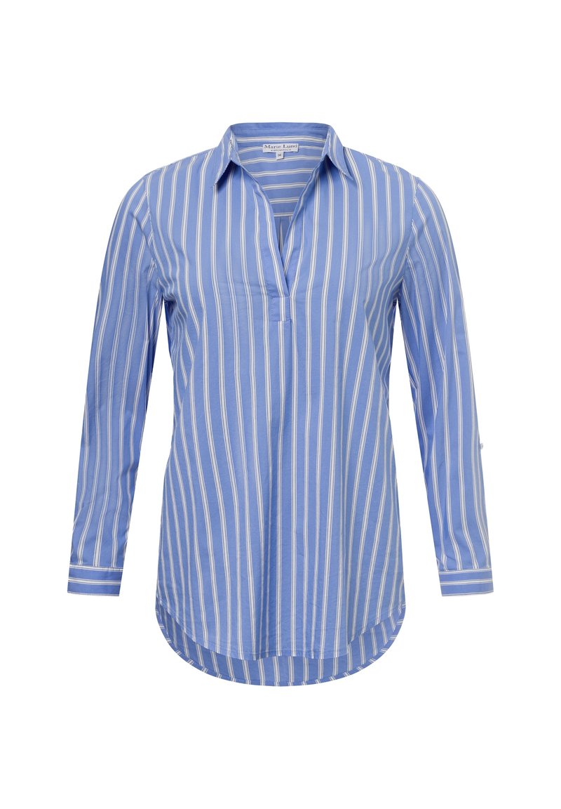 Camisa de manga larga a rayas azul, hecha de una tela ligera, con un cuello de pliegue, dobladillo curvado y rayas blancas en contraste.