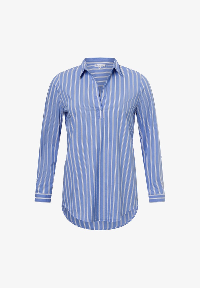 Camisa de manga larga a rayas azul, hecha de una tela ligera, con un cuello de pliegue, dobladillo curvado y rayas blancas en contraste.