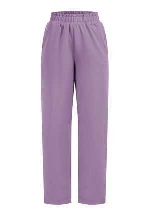 Paarse joggers met een elastische tailleband en rechte pijpen. Gemaakt van zacht materiaal, met een subtiele logo op de zijkant.