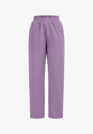 Pantalons de survêtement violets avec une taille élastique et une coupe droite. Fabriqués en matériau doux, avec un logo discret sur le côté.