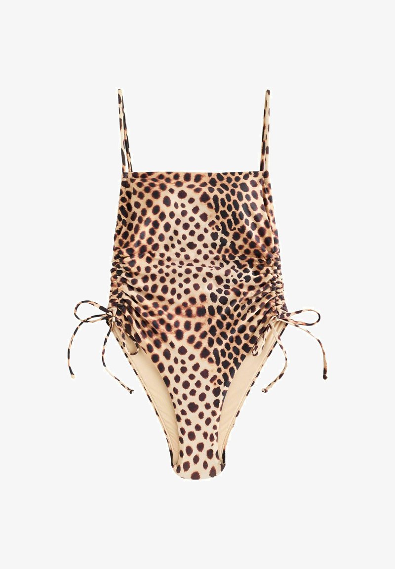 Maillot de bain une pièce à imprimé léopard avec fines bretelles réglables et côtés froncés noués par des cordons.