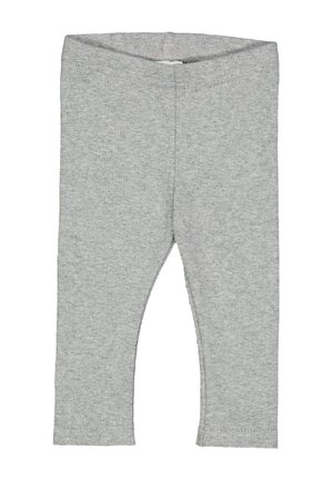 Harmaat puuvillaleggingsit, joissa on nauhakuviointi, joustava vyötärö ja tiukka malli. Ei näkyviä yksityiskohtia tai kuvioita.