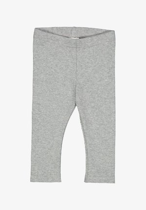 Harmaat puuvillaleggingsit, joissa on nauhakuviointi, joustava vyötärö ja tiukka malli. Ei näkyviä yksityiskohtia tai kuvioita.