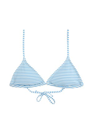 Haut de bikini rayé horizontal bleu et blanc avec de fines bretelles et un nœud à l'avant.