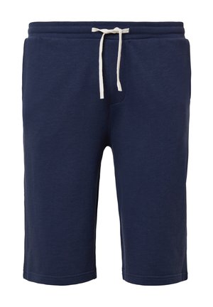 Pantaloni corti blu navy realizzati in tessuto morbido con vita regolabile, dotati di tasche laterali e taglio dritto.