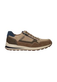 Sportliche Schuhe mit einem beigefarbenen Obermaterial, braunen Wildlederakzenten, navyfarbenem Absatz, perforiertem Design und leichter Sohle. Sie verfügen über eine Schnürung und einen Reißverschluss.