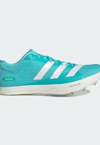 Turquoise athletic shoes with a textured upper, featuring three white stripes, a light rubber sole with spikes, and "LIGHTSTRIKE PRO" branding.