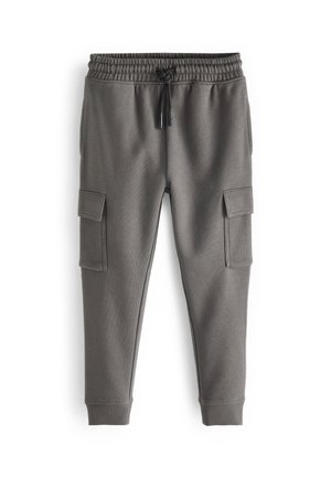 Pantalon jogging cargo gris foncé avec taille élastique, cordon noir, poches latérales à rabat et bords-côtes aux chevilles sur fond blanc.