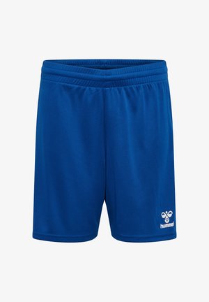 Blå atletikshorts med elastisk talje og lille hvid hummel-logo på det nederste højre ben, vist på en hvid baggrund.