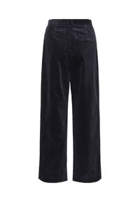 Navy corduroy-housut leveällä lahkeella, joissa on napilla varustettu takatasku ja teksturoitu pystyribbaus.