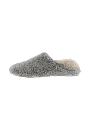 Pantofole grigie morbide in pile con fodera soffice color crema e punta chiusa, progettate per il comfort indoor.