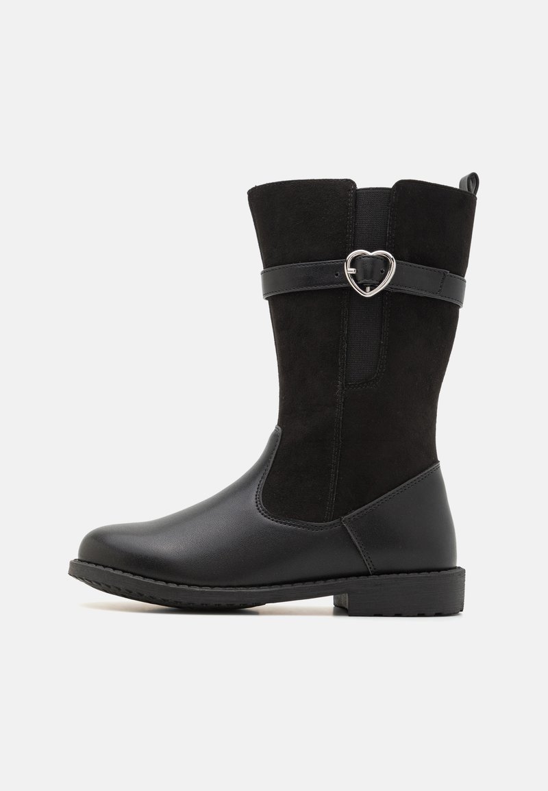 Black knee-high boots with a smooth leather toe and suede shaft, featuring a black strap with a metallic heart-shaped buckle detail.