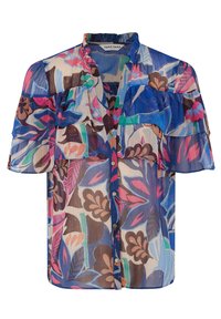Chemise manches courtes semi-transparente avec des motifs floraux vibrants en bleu, rose et marron. Comprend des volants superposés et une fermeture à boutons sur le devant.