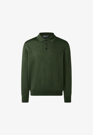 Tummanvihreä neulepusero kauluksella, jossa on kolme mustaa nappia, ribattut hihansuut ja teksturoitu pinta. Klassinen, monipuolinen muotoilu.